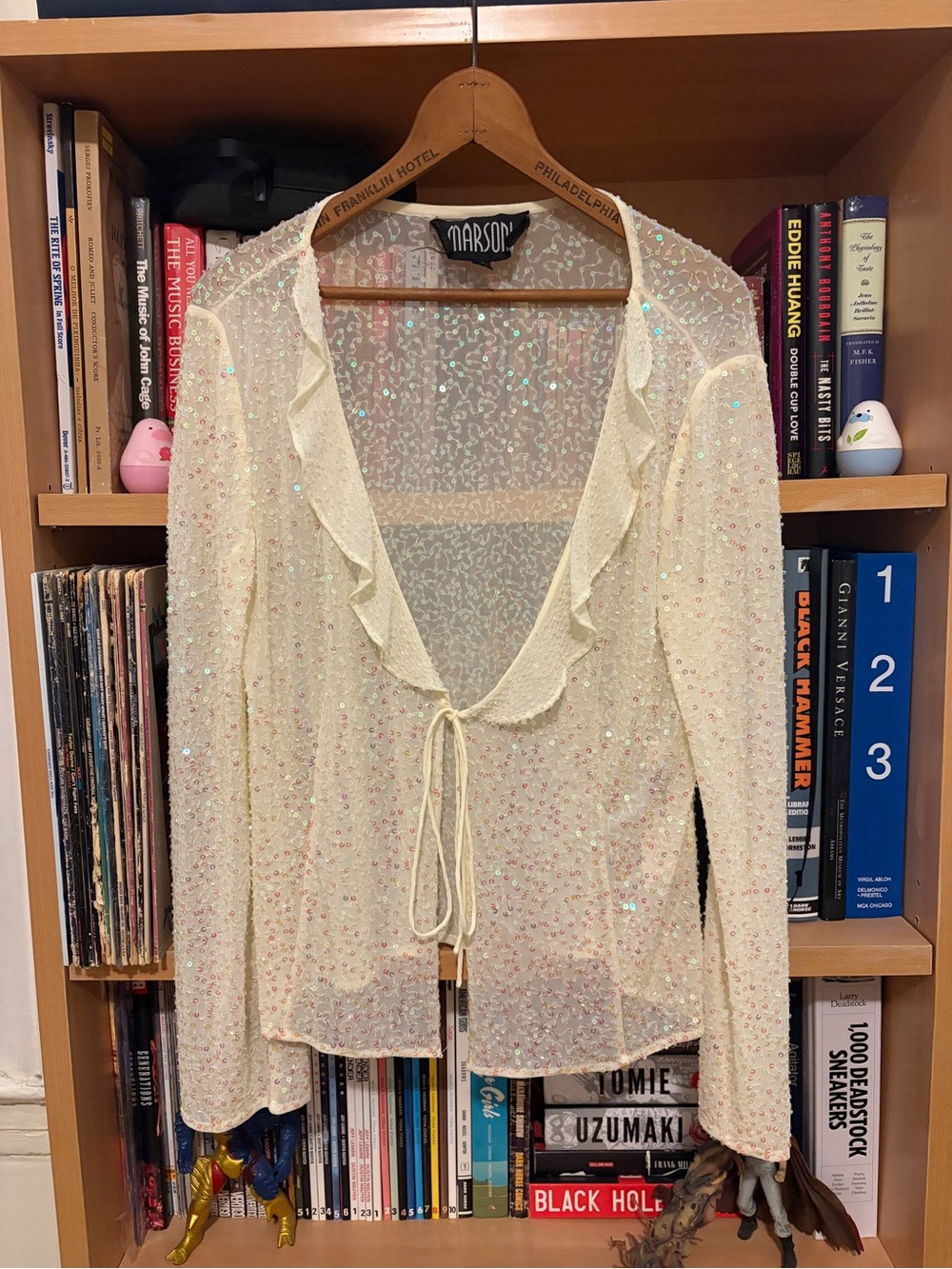 Y2K Marsoni Ivory Sequin Sheer Ruffle Tie Front Top